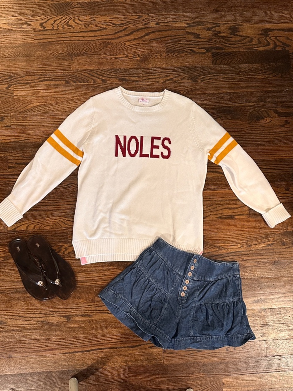 Custom Florida State FSU NOLES White Crewneck Sweater with Gold Stripe Sleeves